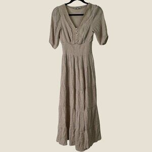 J Gee Prairie Tiered Boho Neutral Maxi Dress Puffed Sleeves Stretch Petite S